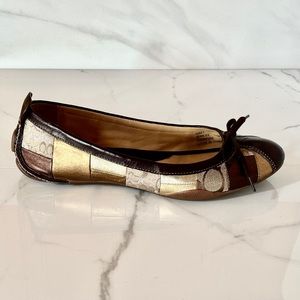 COACH Jenilee Patchwork Ballet Flat 11M Brown Gold Leather Metallic Logo Fabric